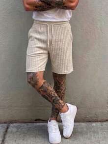 Men's Casual Drawstring Wide-Leg Knit Shorts - Beige - View 3