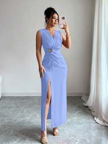 dfgRafferiza Vestido formal de mujer, vestido plisado con abertura estilizadorafd LNBV - Celeste - Ver 1