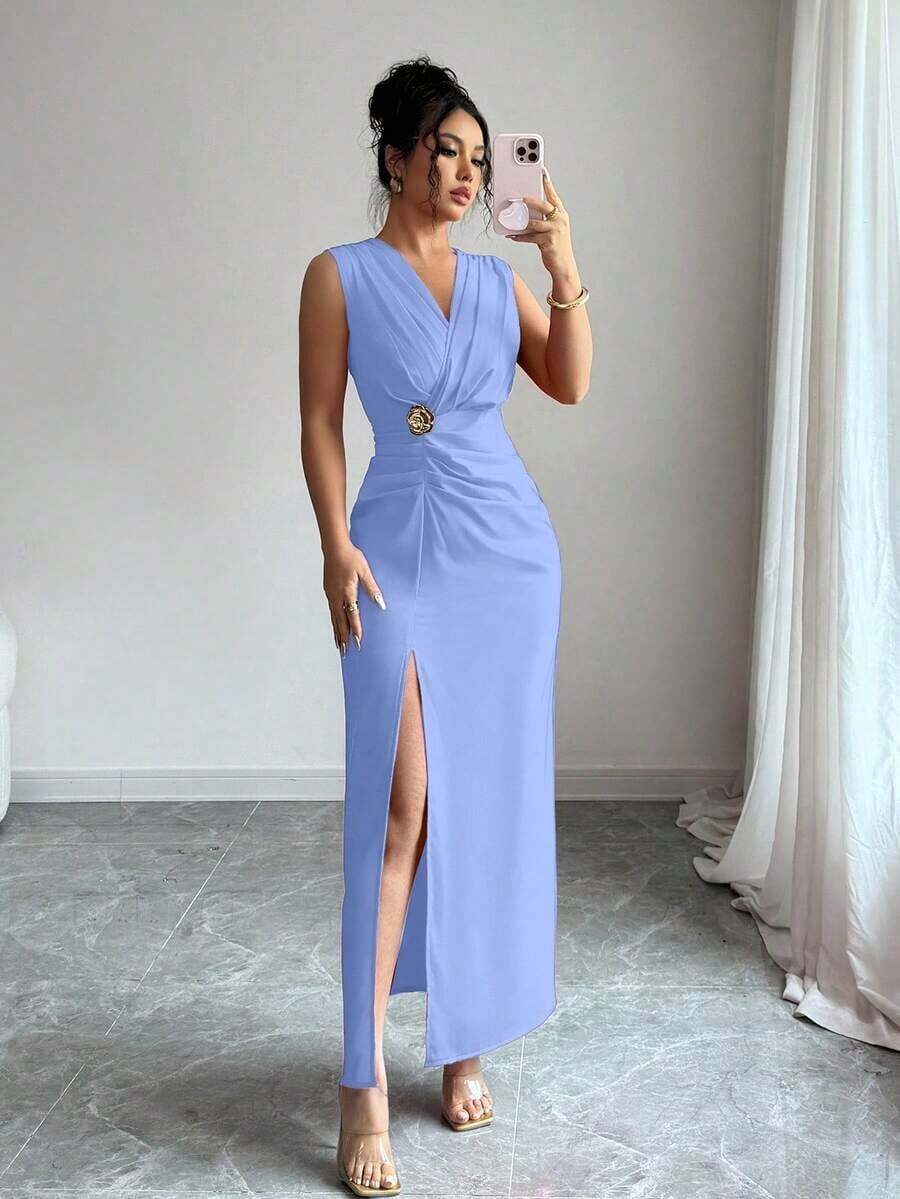 dfgRafferiza Vestido formal de mujer, vestido plisado con abertura estilizadorafd LNBV - Celeste - Ver 1