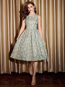 Vestido de mujer elegante y vintage con estampado floral de jacquard para fiestas, festivales y eventos elegantes. Vestidos largos elegantes para fiestas para mujeres en otoño, invierno, Navidad, Halloween y Año Nuevo. - Verde pastel 2 - Ver 1