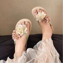 Sandalias de mujer, con un diseño moderno y adorable decorado con flores en dos tonos; chanclas con tiras entre los dedos, de suela plana y resistentes, ideales para la playa; sandalias de playa para mujer, chanclas para mujer - Verde - Ver 4