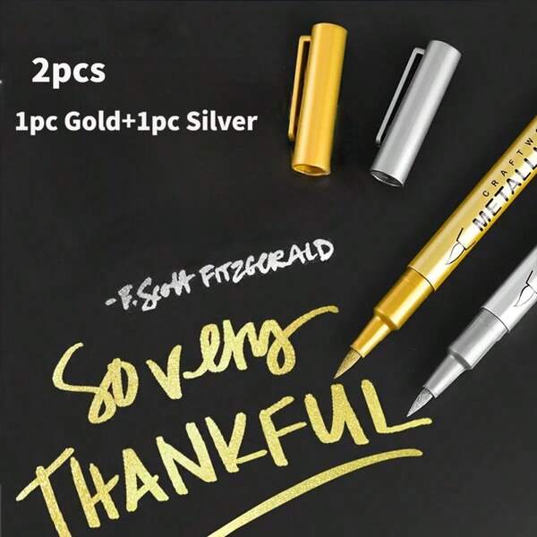 2 Marcadores Metálicos, Resaltadores Dorados y Plateados, Adecuados para Pintura Acuarela, Perfectos para Álbumes de Fotos DIY, Tarjetas Negras, Collages, Manualidades, Cerámicas, Piedras, Huevos de Pascua, Cumpleaños, Navidad, Día de San Valentín, Regalos de Año Nuevo!