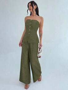 xheFirerie Conjunto de 2 piezas de top tipo tubo con botones metálicos elegantes y minimalistas, y pantalones de pierna ancha de cintura alta, apropiado para ir a la oficina, ocio, vacaciones, veranoxhe - Verde militar - Ver 7