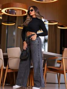 Women's Wide Leg Jeans, Graphite Color, Wide Leg, No Lycra, Premium Bell Bottom, Summer Style, Elegant And Sophisticated, Sizes 36 To 52 (Plus Size) - Màu xám đen - Xem 3