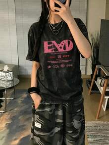 [Water Washed Vintage Short Sleeved T-Shirt] Recommended New Casual And Versatile 100% Pure Cotton T-Shirt For Summer 2026, Women's Fashionable T-Shirt For Summer, Short Sleeved Office Casual 230g Cotton Printed Loose White Top, Y2k Women's Top, Summer Top - Washed Black - View 1