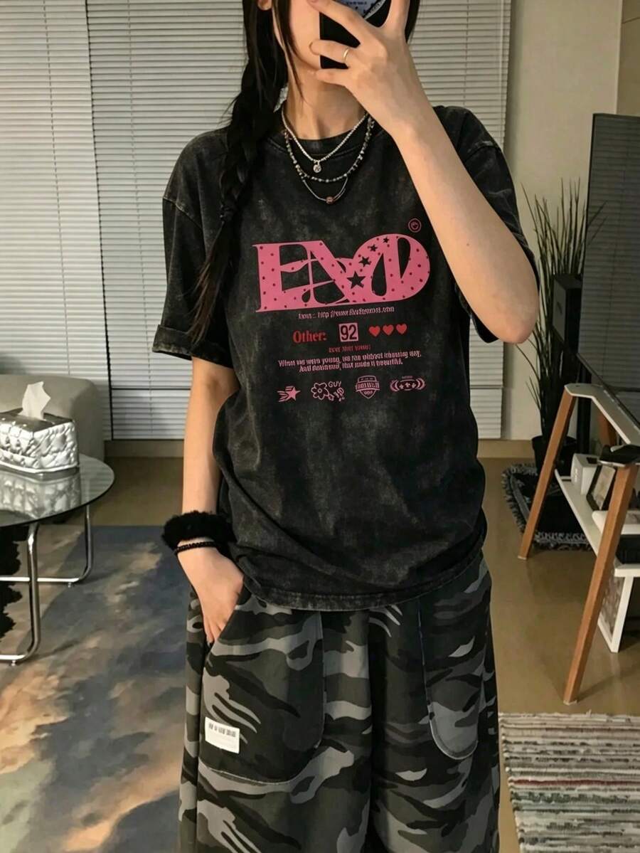 [Water Washed Vintage Short Sleeved T-Shirt] Recommended New Casual And Versatile 100% Pure Cotton T-Shirt For Summer 2026, Women's Fashionable T-Shirt For Summer, Short Sleeved Office Casual 230g Cotton Printed Loose White Top, Y2k Women's Top, Summer Top - Washed Black - View 1