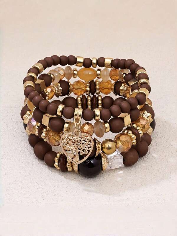 4pcs/Set Bohemian Style Heart Pendant Acrylic Beaded Bracelet, Colorful Handmade Beaded, Suitable For Daily Wear, Carnival, Party, Gift