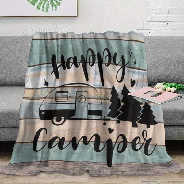1pc Soft & Comfortable Blanket Gift, Camping Themed Design Suitable For Women And Men, Great For Sofa, Office, Bed, Car, Chair, As Throw Pillow, Ideal For Camping, Beach, Home Decor, All Seasons