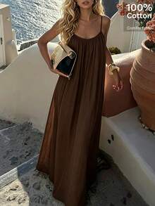 NOVELLE Women's Autumn Elegant Vacation Style Brown Spaghetti Strap Dress, Loose Casual Backless Maxi Dress, Suitable For Vacation, Dating And Party - Brown - View 5