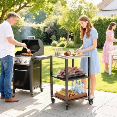 Grillwagen 3-Etagen Grilltisch Mit Edelstahl Arbeitsfläche Rollen Mobiler Servierwagen 50 X 50 X 90 Cm Black