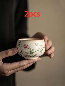1pc/2pcs Beige Ru Yao Hundred Flower Dish Pattern Ceramic Tea Cup, Light Luxury Exquisite Elegant Style Kung Fu Tea Set, Medium Size Host Cup Single Cup, Suitable For Daily Tea Parties, Arabic Coffee, Turkish Coffee, Brewing Coffee, Entertaining Guests, Friends - Multicolor - View 13