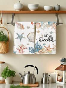 2 buah Handuk Dapur Motif Kerang, Bintang Laut, Karang, dan Mutiara, Tema Laut Cat Air, Handuk Piring untuk Dapur, Handuk Tangan, Handuk Teh, Cocok untuk Dapur Rumah Pertanian, Dalam Ruangan, Mencuci Piring - Blue and White - View 4