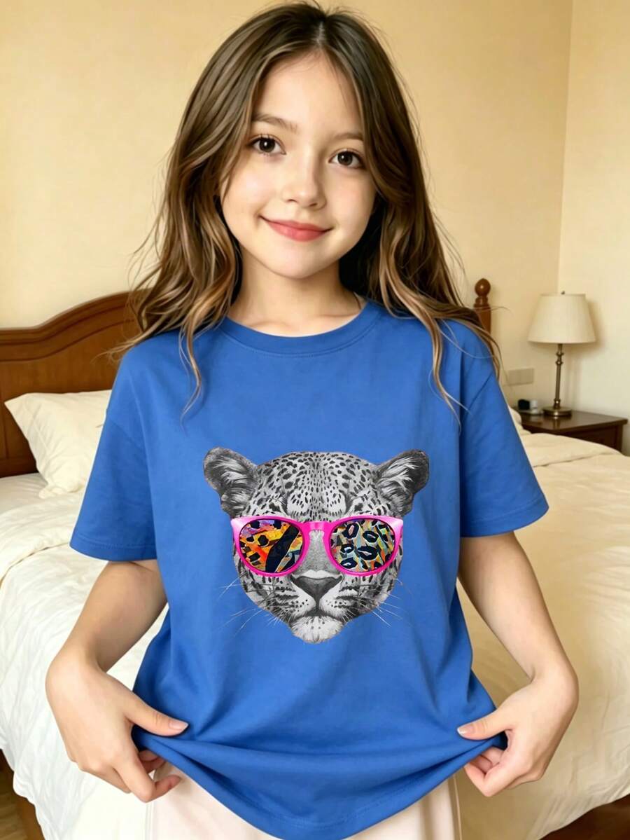 Cheetah With Sunglasses Pattern T-Shirt For Girls - Blue - View 1