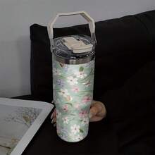 1個 30盎司 薄荷綠蝴蝶與花卉主題不鏽鋼保溫杯，甜美田園少女風設計，全天保持飲品最佳溫度 - 綠色-白花 - 查看 4