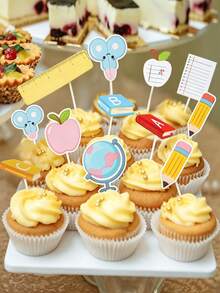 11pcs/2sets 22pcs Cute Cartoon Back To School Cupcake Decorations - School Opening/Graduation Ceremony Cake Toppers With Ruler, Pencil, Apple Patterns Suitable For Graduation Ceremony, Welcome Back To School Party Supplies - Back-to-school Cupcake Inserts - View 5
