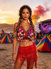 Áo hai dây crop top vỏ sò đính sequin nhiều màu kèm chân váy hông tua rua sequin, phù hợp cho lễ hội Carnival, lễ hội âm nhạc sa mạc và lễ hội EDM (có nhiều màu sắc) - Nhiều màu - Xem 9