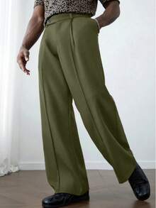 Men's Casual Loose Fit Straight Leg Wide Leg Pants With Pockets Zipper Button Design Long Pants Formal Occasion Comfortable Style Men's Suit Pants - Green - View 7
