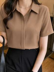 Solid Color Short Sleeve Satin Blouse, Chic Hong Kong Style - Brown - View 3