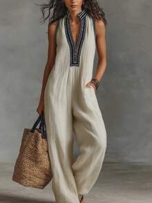 Women's Jumpsuit, Sleeveless V-Neck, Elegant, Casual 1-Piece Pants Jumpsuit 2026 Summer Set - 天藍色 - 查看 5
