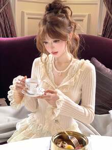 2026 Lace 2-Piece Set, V-Neck Lace Camisole + Ruffled Button Knit Cardigan Suit, Gentle Style Knit Outfit For Young Ladies, Suitable For Spring/Summer Daily Wear, Dates, Afternoon Tea - Apricot - View 3