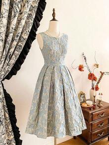 Vestido de mujer elegante y vintage con estampado floral de jacquard para fiestas, festivales y eventos elegantes. Vestidos largos elegantes para fiestas para mujeres en otoño, invierno, Navidad, Halloween y Año Nuevo. - Verde pastel 2 - Ver 7