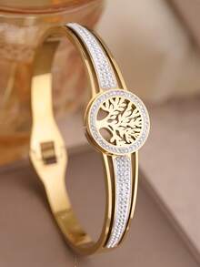 1pc Vintage Tree Pattern Gold-Tone Stainless Steel Bracelet With Rhinestones For Women - Yellow Gold - View 5
