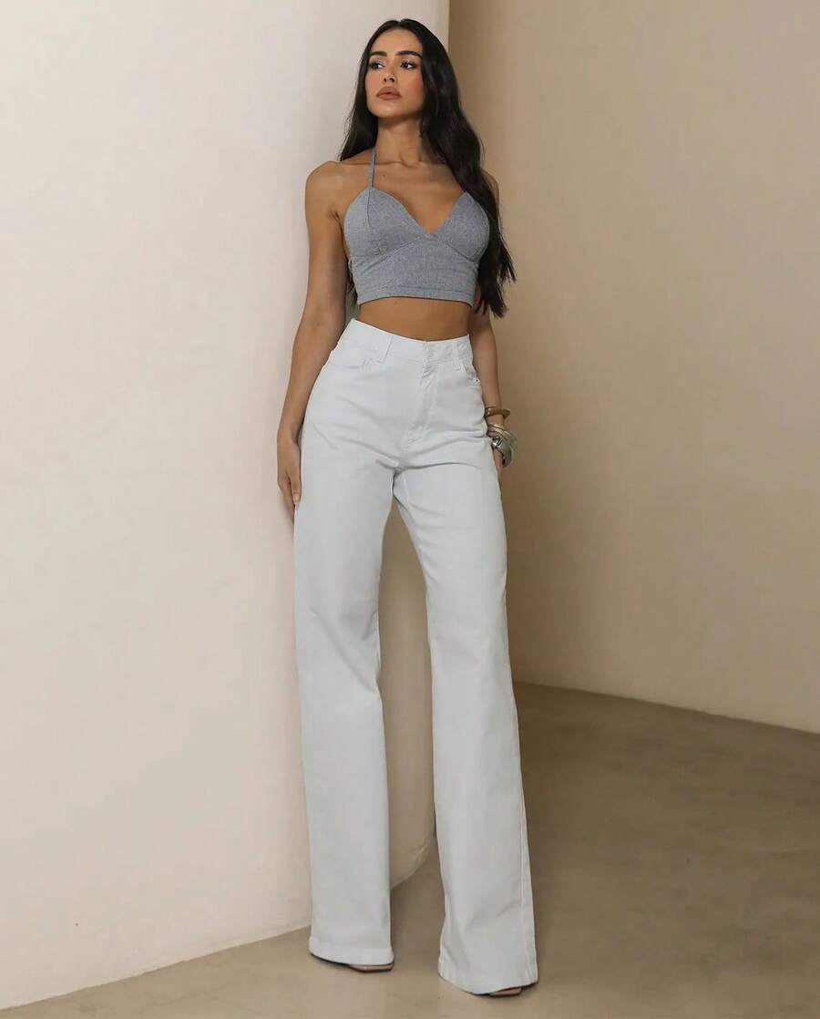 Wide Leg Jeans With Elastane - White - View 1