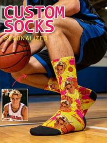 1 Pair Customized Socks, Face Customization Socks, Sports, Running, Basketball, Fun Socks, Photo Customization Socks, Family Socks, Bedroom Use, Holiday Gift - Multicolor - View 6