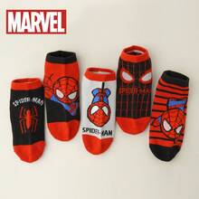 Marvel 5双装漫威超级英雄蜘蛛侠系列儿童短袜，男童短袜，韩版卡通女童短袜，春夏款，儿童粉丝袜，超级英雄人物袜，透气吸湿袜，漫威袜子 - 紅色 - 查看 1