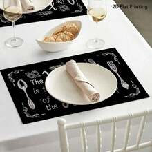 4 piezas Manteles individuales con patrón de cocina negra, diseñados con gráficos de utensilios de cocina, adecuados para la decoración del comedor, uso doméstico, restaurante, camping y fiestas, para todas las estaciones - Multicolor - Ver 8