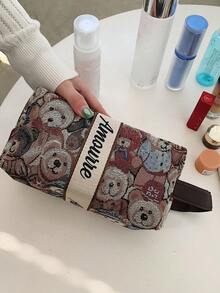 女款可愛熊圖案帆布手提化妝包兼盥洗用品收納袋，大容量便攜，適合通勤與旅行 - 彩色 - 查看 4