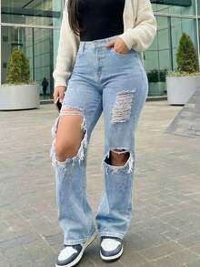 Women's Retro Loose Boyfriend Straight Leg Jeans - Light Wash - View 2