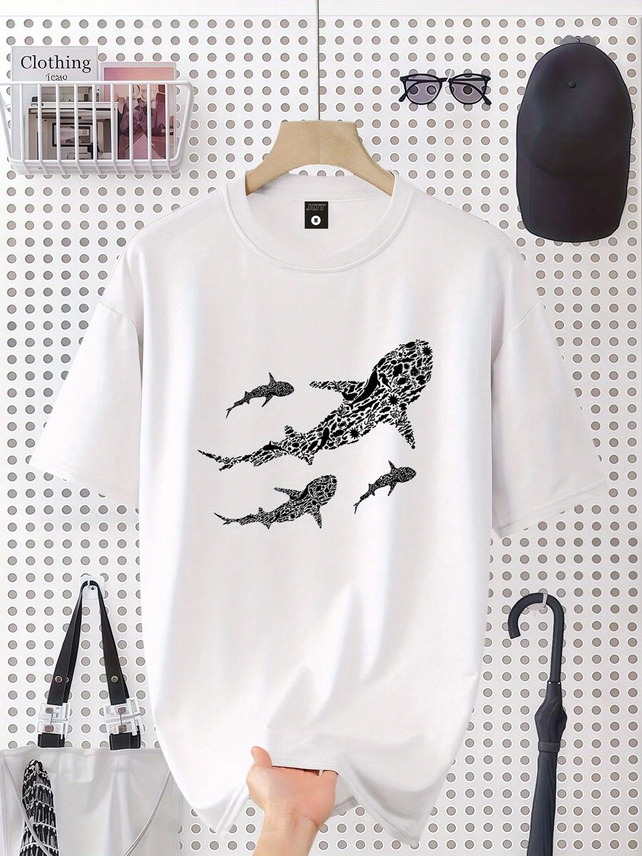 Camiseta masculina casual de manga curta Heren Zomer Set 2026 com estampa gráfica de peixes e baleias - Camiseta de verão respirável, lavável à máquina, presente ideal para homens, estilo descontraído, estampa exclusiva, camiseta durável, blusa estampada, estilo streetwear. - Branco - Ver 1