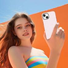 Gestreifte Sommer-Handyhülle, geeignet für iPhone14 / iPhone13 ,, mit einem schönen sommerlichen rosa-weißen Musterdesign, eine Schutzhülle geeignet für Mädchen, doppelschichtige stoßfeste bunte Silikonhülle. - Weiß 6 - Übersicht 8