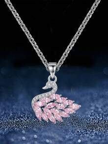 1pc Elegant Pink Cubic Zirconia Inlaid Animal Pendant Necklace, Ideal Gift For Date - Silver - View 6
