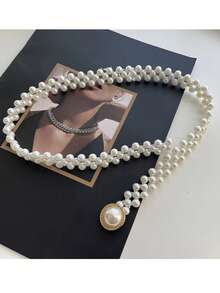 Row Pearl Waist Chain For Women, Elastic Fashion Belt For Dresses, Chic Boho Body Jewelry, Party Accessory Concert Outfit - White - View 3