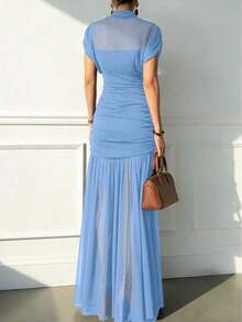 Vestido elegante y sexy de unicolor con volantes de malla, dobladillo plisado, adecuado para la playa, citas nocturnas, bodas, fiestas de cumpleaños, primavera/verano - Celeste - Ver 2