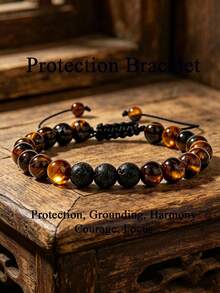 Natural Tiger Eye & Lava Stone Adjustable Bracelet Bohemian Style Vintage Men's Jewelry Gifts, For Vacation Grounding, Healing Energy, Protection - Multicolor - View 7