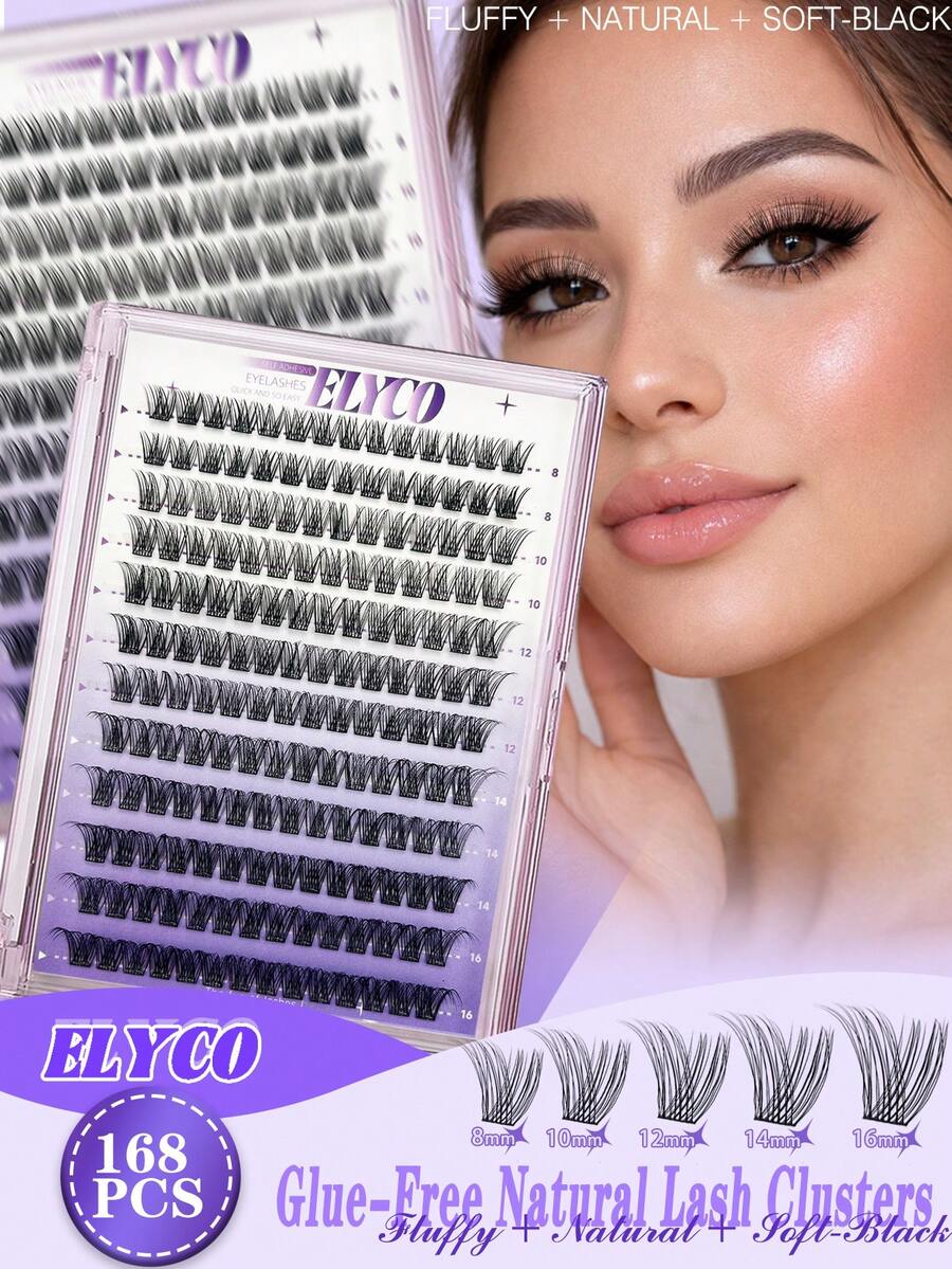 ELYCO 168/144/140/112簇輕量自然DIY假睫毛簇,免膠水、無需膠水、無需卸妝液,可重複使用,D捲度,0.07mm厚度,8-16mm混長,輕量自然逼真溫和親膚不刺激免膠睫毛設計,適合日常通勤 - D - 查看 1