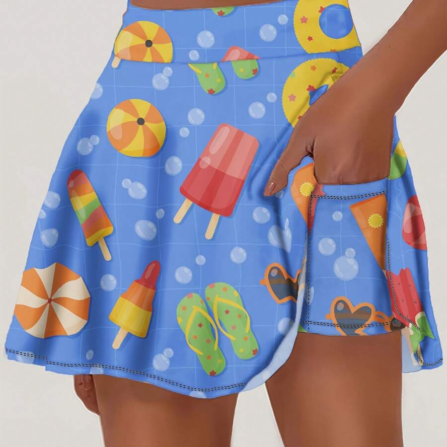 Women's Beach-Themed Short Elastic Skirt With Flip-Flop Pocket - All-Over Ice Cream & Print, Pleated Hem Pocket Skirt Suitable For Casual Wear, Beach Outfits, Everyday Outfits, Machine Washable Spring Summer Fall Skirt - 彩色 - 查看 1