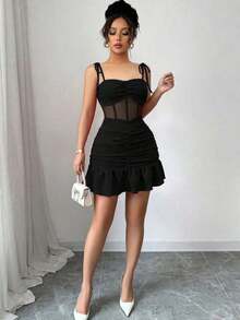 New Elegant Spaghetti Strap Dress With Patchwork And Mesh Fabric, Perfect For Dates And Parties - Black - View 7