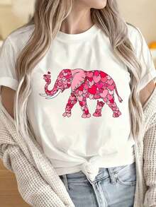 Women's Short Sleeve Crew Neck T-Shirt, Valentine's Day T-Shirt With Elephant Design Made Of Hearts For Women, Adorable Animal Design, White Crew Neck Top, Fun Print For Valentine's Day, Suitable For Christmas Parties, Sports Activities, Holiday Outings, Dates, Sports, Daily Leisure, Holiday Gift Occasions, Soft. - 黑色 - 查看 5