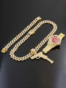 Men's Hip Hop Gun Pendant Jewelry Set, Cuban Chain Bracelet & Watch 1 Set, 15mm Diamond Street Style Shiny Set, Men's Gift, Suitable For Party & Birthday - Gun Pendant Necklace Set - View 11