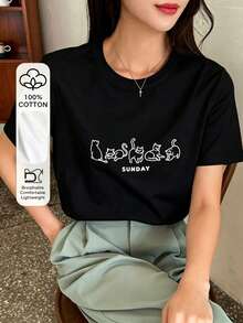 Camiseta con gráfico de dibujos animados y letras, estilo preppy - Negro - Ver 1