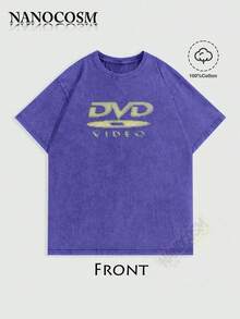 [100% Cotton] DVD Video Nostalgic Green Logo Vintage Gaming Print T-Shirt 2000s Aesthetic Retro Summer Shirt - Unisex Women & Men's Campus Daily Wear - Washed T - Blue - 查看 1