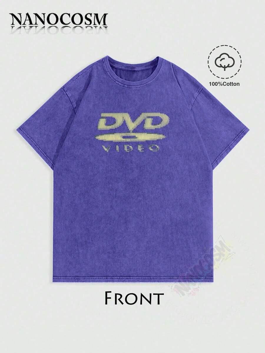 [100% Cotton] DVD Video Nostalgic Green Logo Vintage Gaming Print T-Shirt 2000s Aesthetic Retro Summer Shirt - Unisex Women & Men's Campus Daily Wear - Washed T - Blue - 查看 1