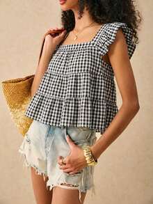 Blusa de mujer con cuello cuadrado, volantes en el bajo y mangas cortas - Multicolor 4 - Ver 3