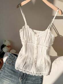 Top de tirantes de verano con diseño de botones e inserto de encaje amarillo para mujer - Blanco - Ver 5