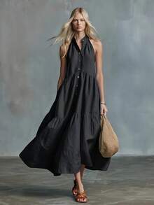 2026 New Elegant Sleeveless Casual Loose Linen Buttoned Vest Dress - Off White - View 7