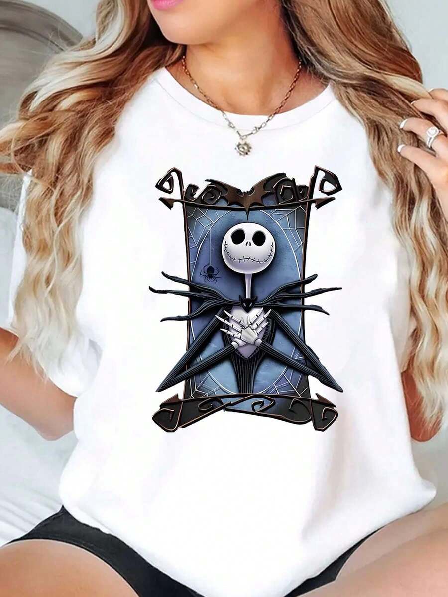 Jack Skellington Nightmare Before Christmas Character Print Disney Women T Shirt Round Neck Short Sleeve Casual Wear Halloween Costume Soft Comfortable 220g - White - View 1